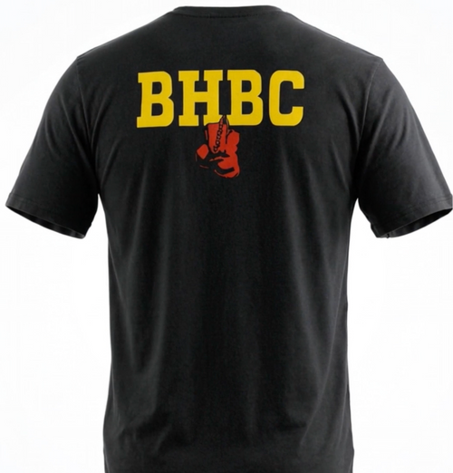 A black short-sleeve t-shirt shown from the back, featuring the letters 'BHBC' in bold yellow across the upper back and a red fist graphic underneath.